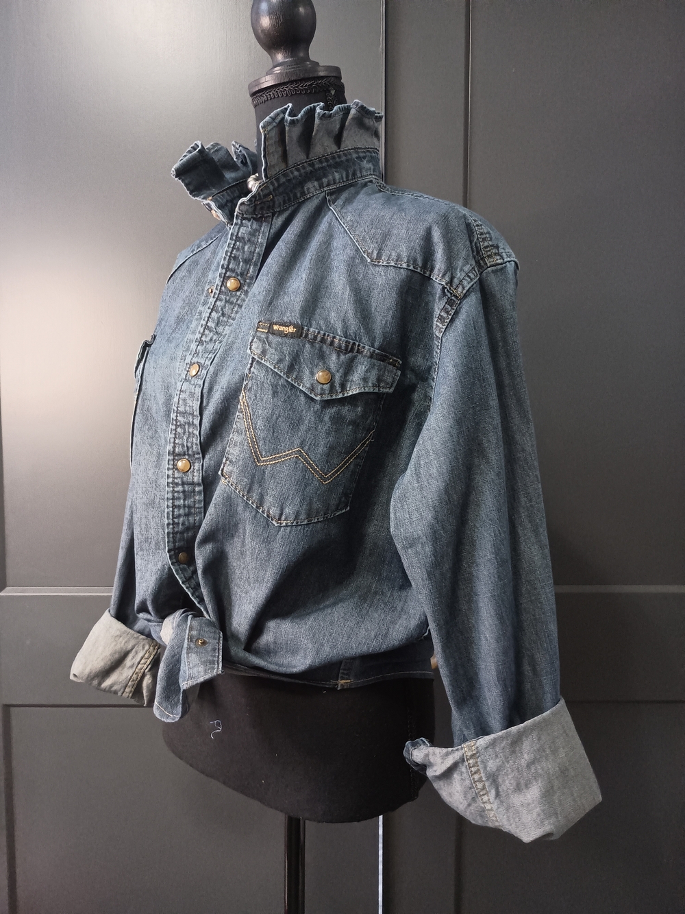 Upcycled Women's Wrangler Denim Ruffle Collar Shirt #151